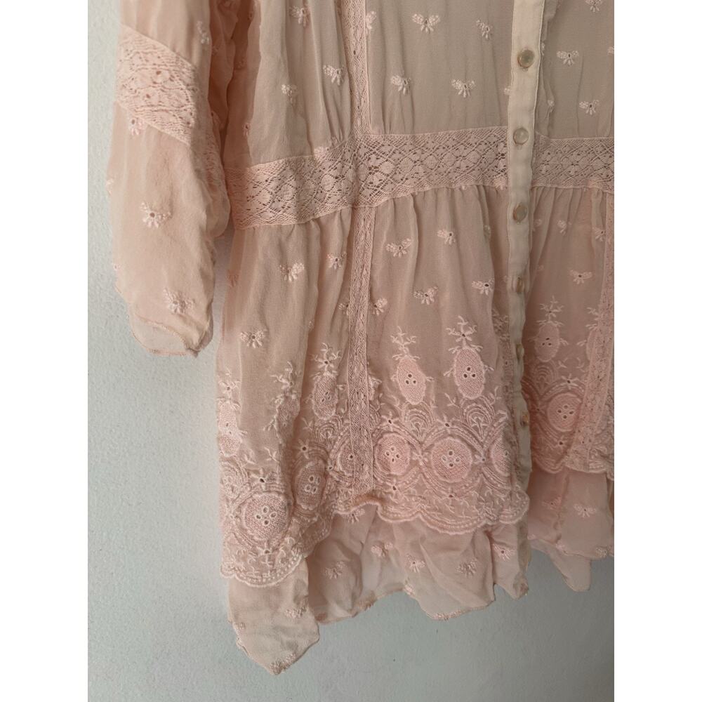 Sundance Pink 100% Silk Embroidered Sheer Button Front Blouse Size XL - Picture 4 of 6